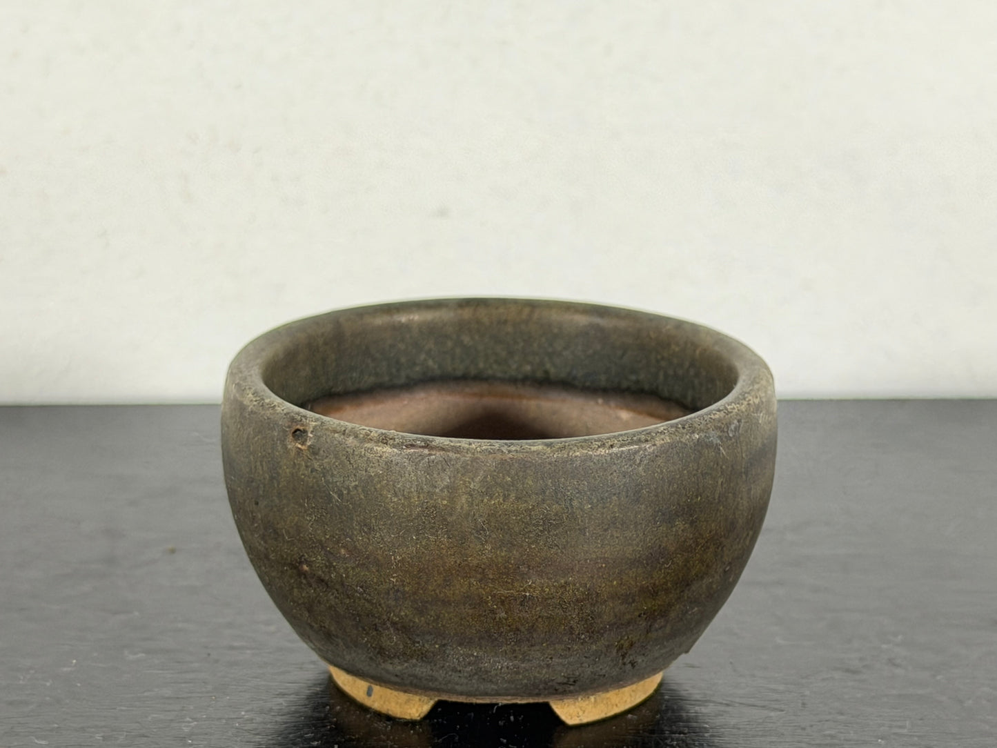 Preowned Japanese Tokoname Glazed Round Bonsai Pot With Stamp - 2” By 1 1/8”