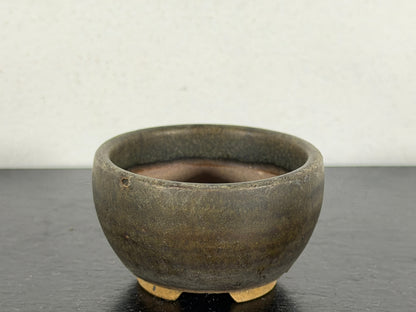 Preowned Japanese Tokoname Glazed Round Bonsai Pot With Stamp - 2” By 1 1/8”