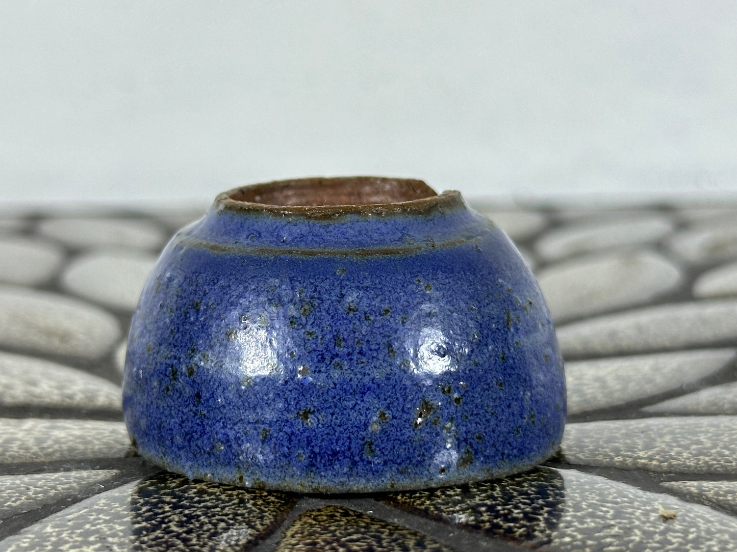 Preowned Japanese Tokoname Glazed Round Bonsai Pot with Stamps - 1 7/8” By 1”