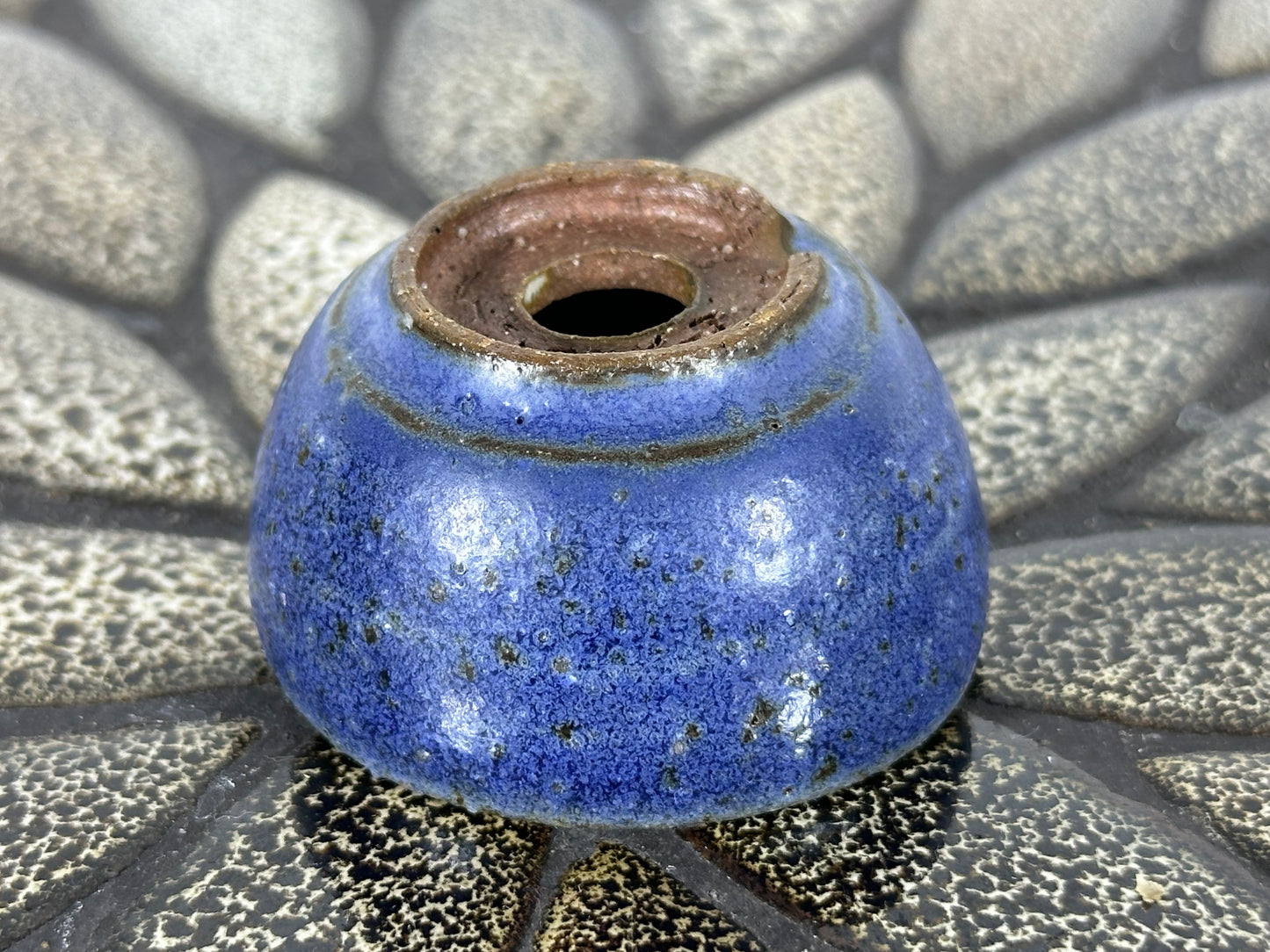 Preowned Japanese Tokoname Glazed Round Bonsai Pot with Stamps - 1 7/8” By 1”