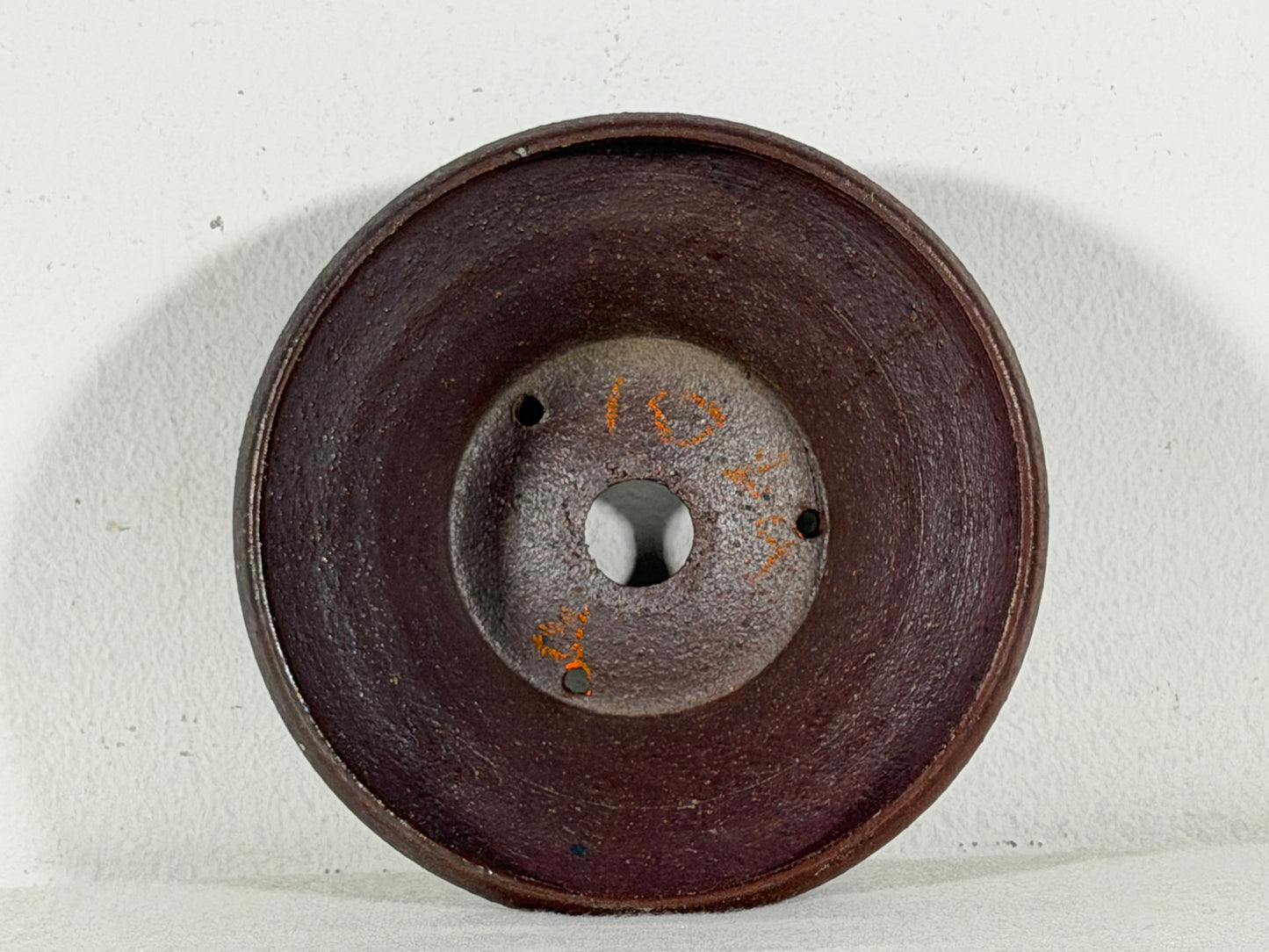 Preowned Japanese Tokoname Unglazed Round Bonsai Pot with Stamps - 4.75” By 2”