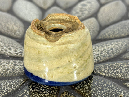 Preowned Japanese Tokoname Glazed Round Bonsai Pot with Stamps - 1.75” By 1 1/8”