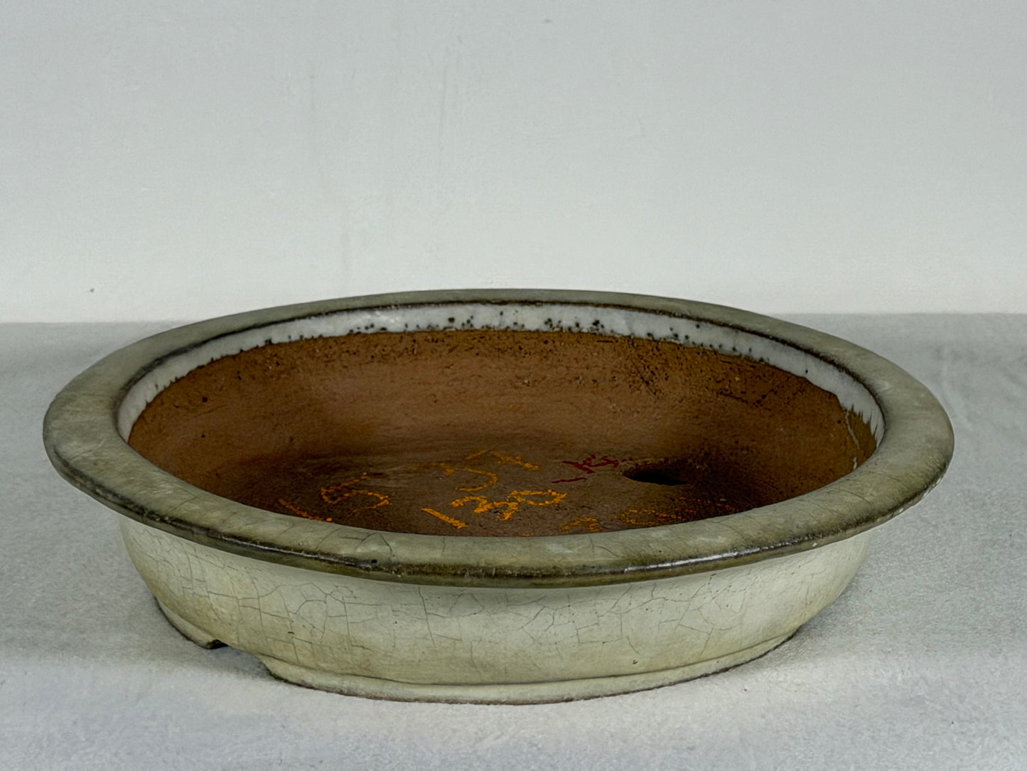 Preowned Japanese Tokoname Glazed Shallow Round Bonsai Pot Mazan - 8” By 1.5”