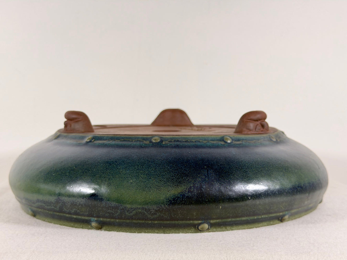 Preowned Japanese Tokoname Glazed Round Bonsai Pot Yamaaki - 12.5” By 3.75”