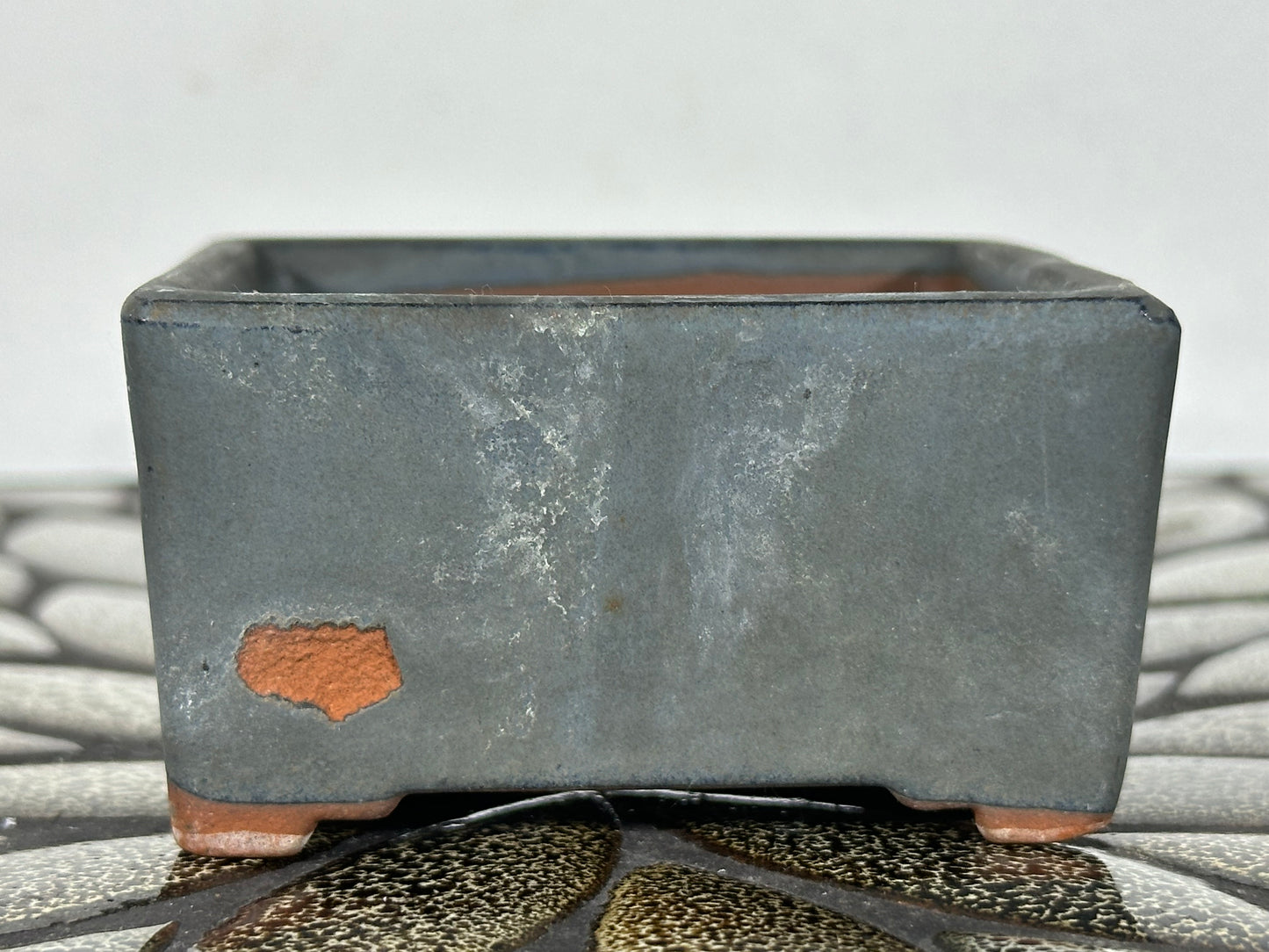 Preowned Japanese Tokoname Glazed Square Bonsai Pot with Stamp - 3.35” By 1 5/8”