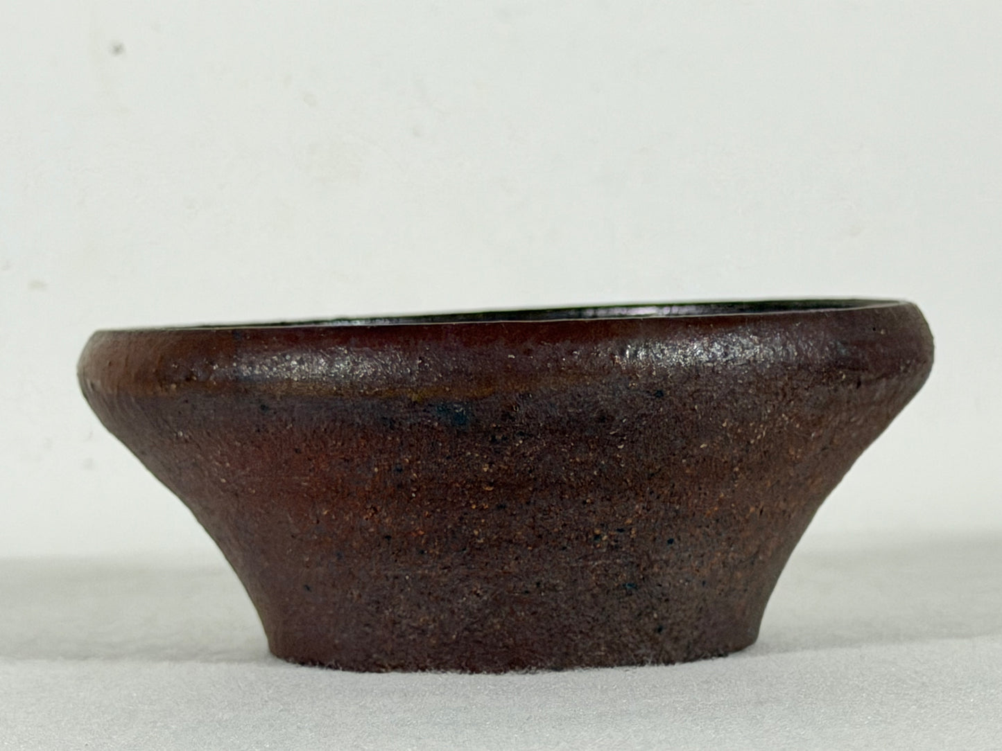 Preowned Japanese Tokoname Unglazed Round Bonsai Pot with Stamps - 4.75” By 2”