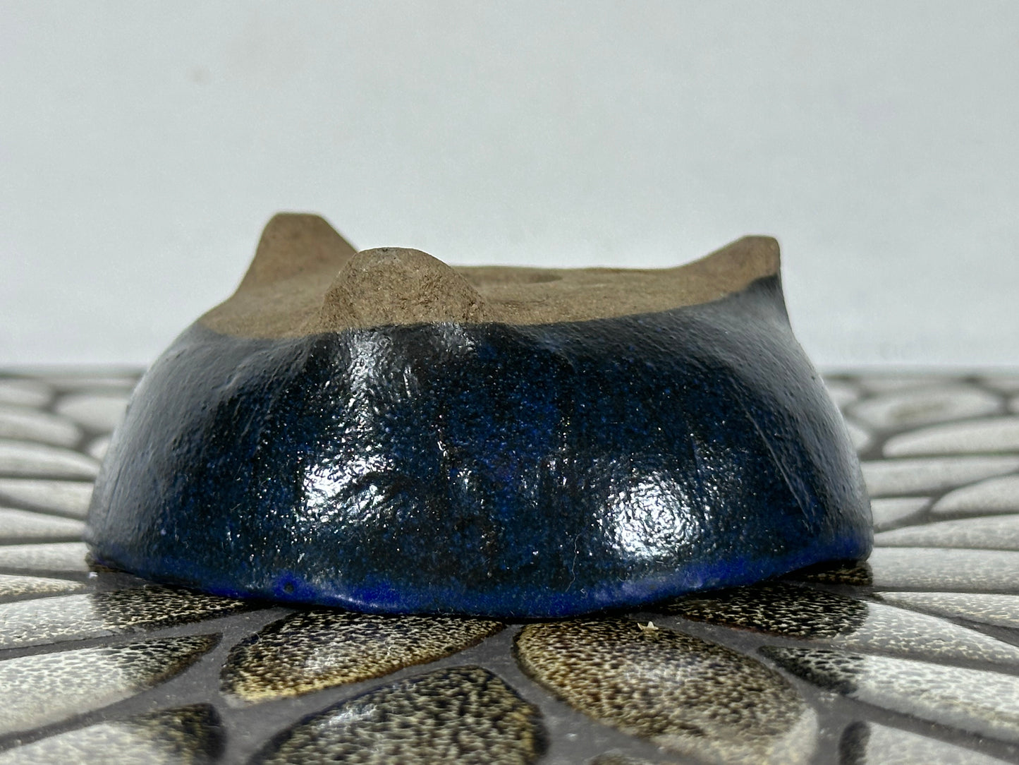 Preowned Japanese Tokoname Glazed Round Bonsai Pot with Stamps - 3.75” By 1.5”