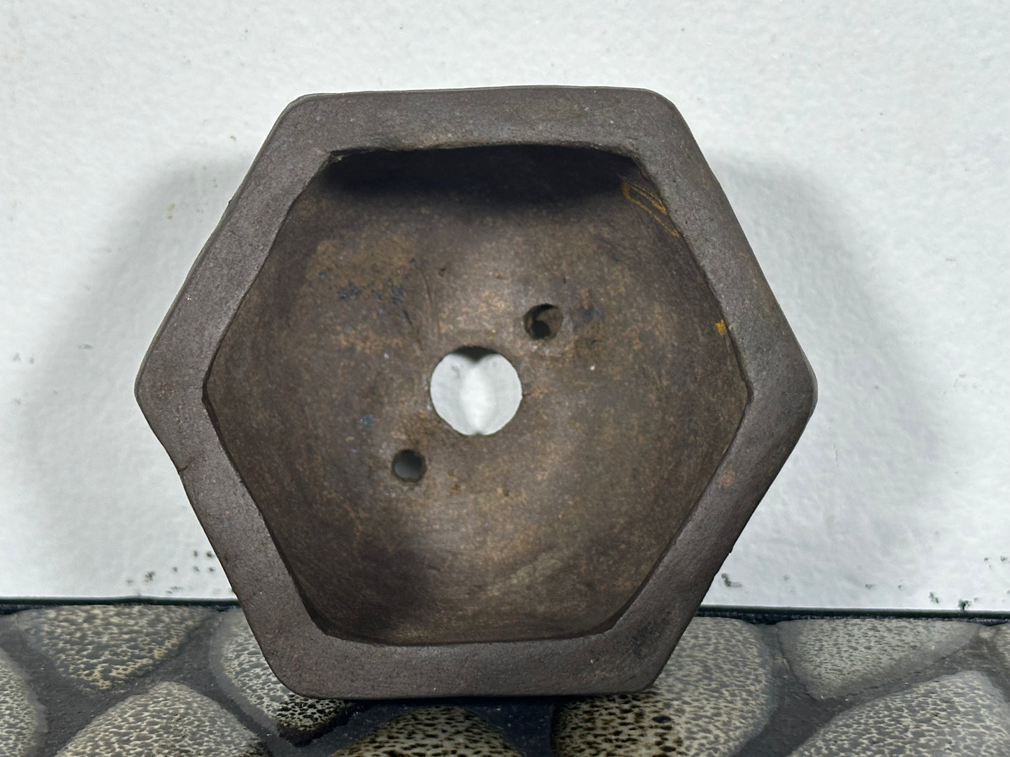 Preowned Japanese Tokoname Unglazed Hexagon Shape Bonsai Pot - 2.75” By 2.5”