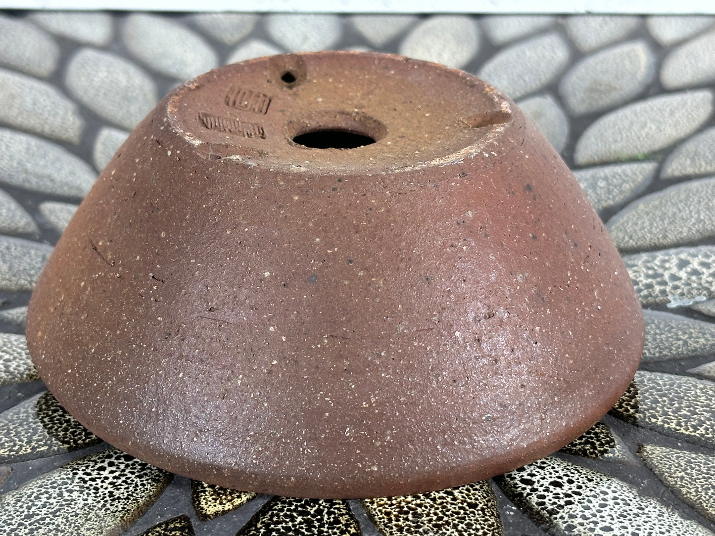 Preowned Japanese Tokoname Unglazed Round Bonsai Pot with Stamps - 5 1/8” By 2”