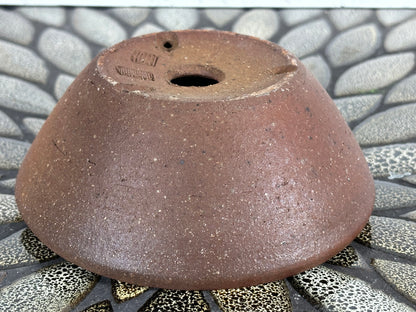 Preowned Japanese Tokoname Unglazed Round Bonsai Pot with Stamps - 5 1/8” By 2”