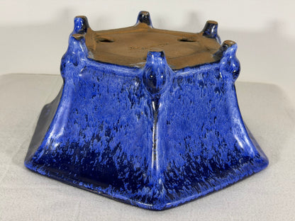 Preowned Japanese Tokoname Glazed Hexagon Shape Bonsai Pot Syuho - 11” By 4.75”