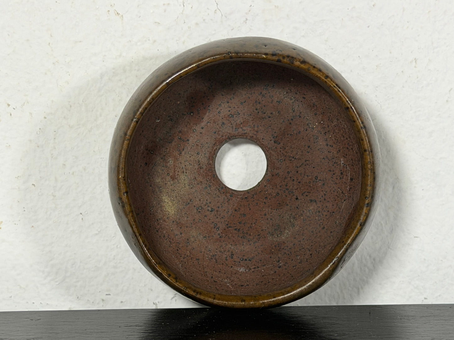 Preowned Japanese Tokoname Glazed Round Bonsai Pot With Stamp - 2.25” By 1 1/8”