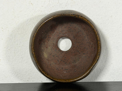 Preowned Japanese Tokoname Glazed Round Bonsai Pot With Stamp - 2.25” By 1 1/8”