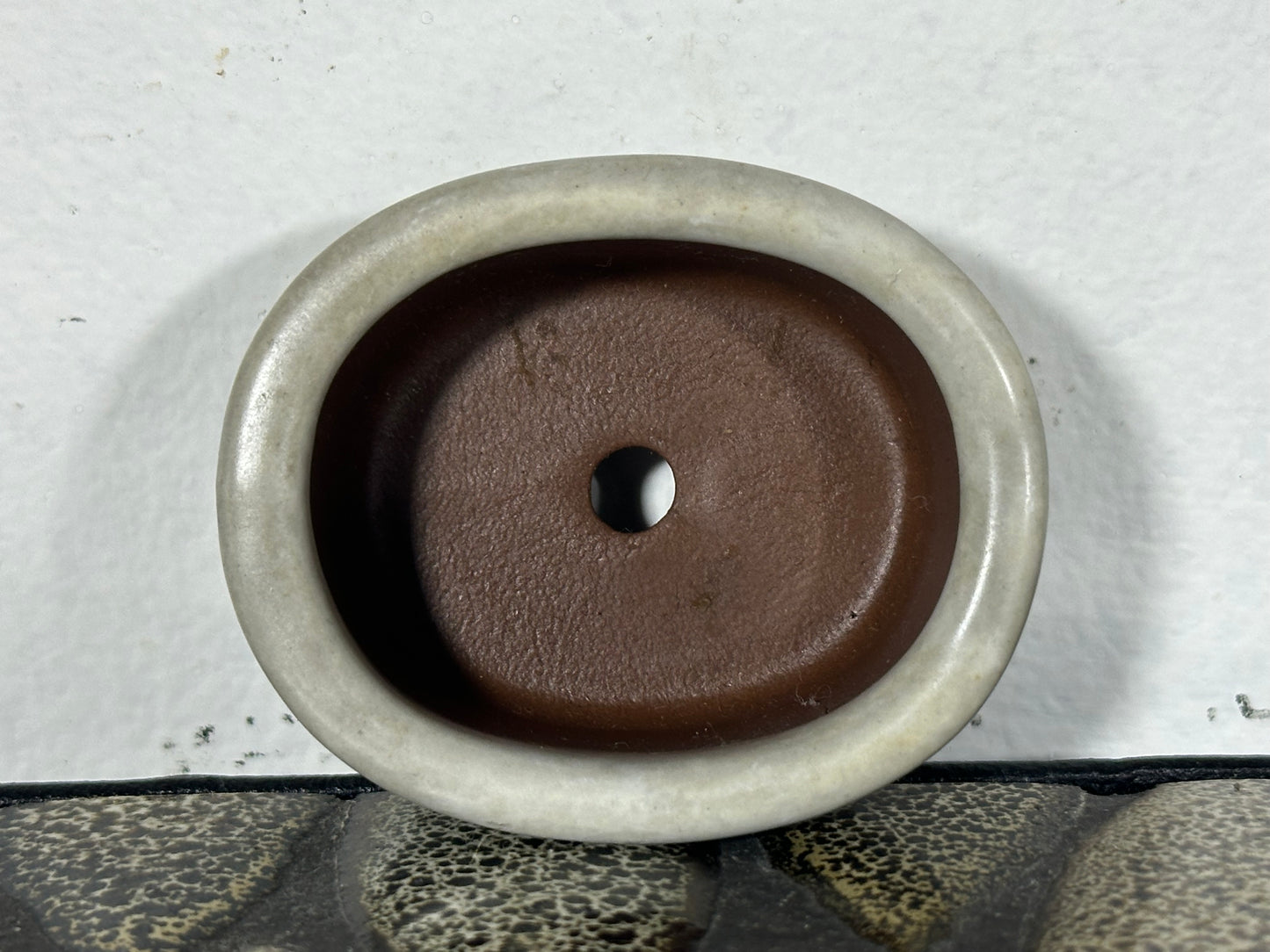 Preowned Japanese Tokoname Glazed Oval Bonsai Pot with Stamp - 2” By 1.75”