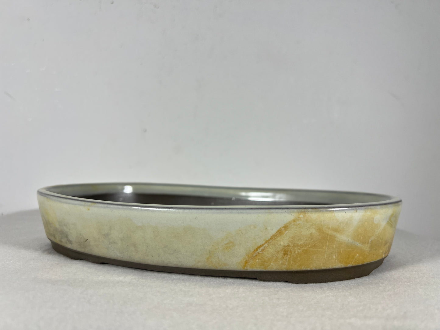 Preowned Japanese Tokoname Glazed Oval Shallow Bonsai Pot with patina - 10” By 7”