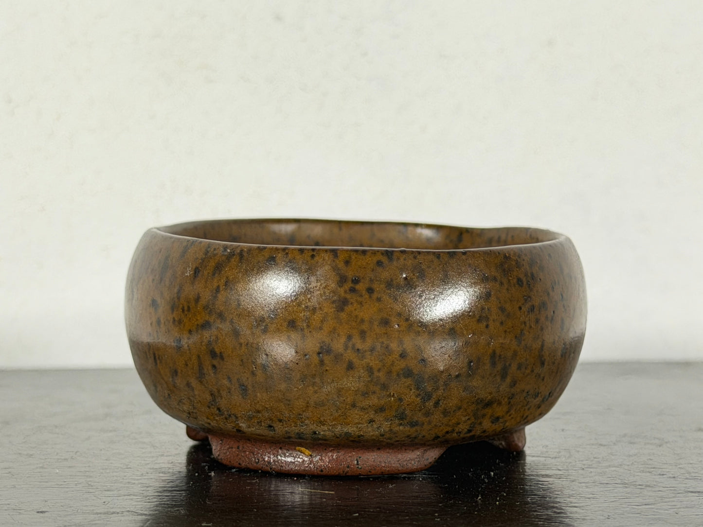 Preowned Japanese Tokoname Glazed Round Bonsai Pot With Stamp - 2.25” By 1 1/8”