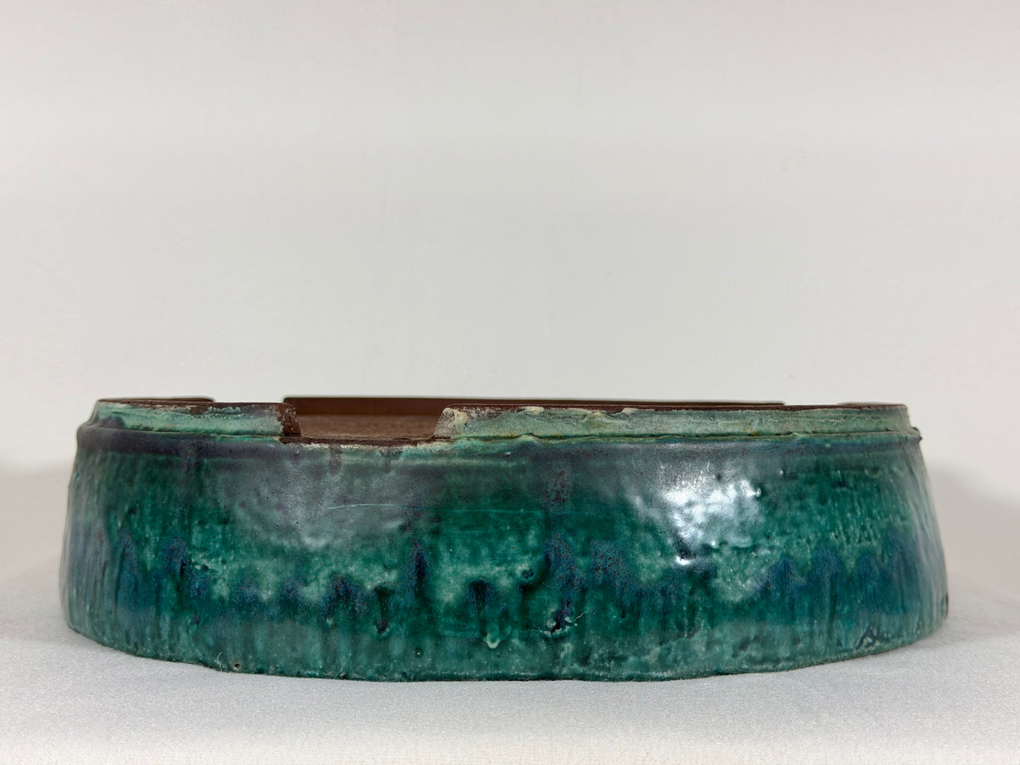 Preowned Japanese Tokoname Glazed Round Bonsai Pot Syuho - 13.75” By 3”