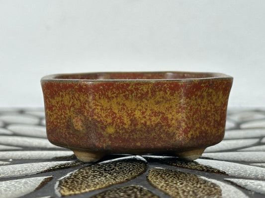 Preowned Japanese Tokoname Glazed Octagon Shape Bonsai Pot with Stamps - 2.75” By 2 3/8”