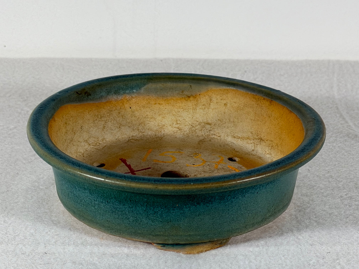 Preowned Vintage China Glazed Round Bonsai Pot Has Patina - 5 7/8” By 1 7/8”