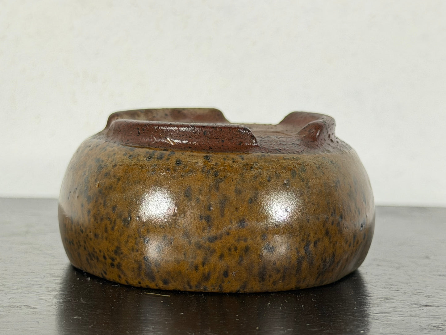 Preowned Japanese Tokoname Glazed Round Bonsai Pot With Stamp - 2.25” By 1 1/8”