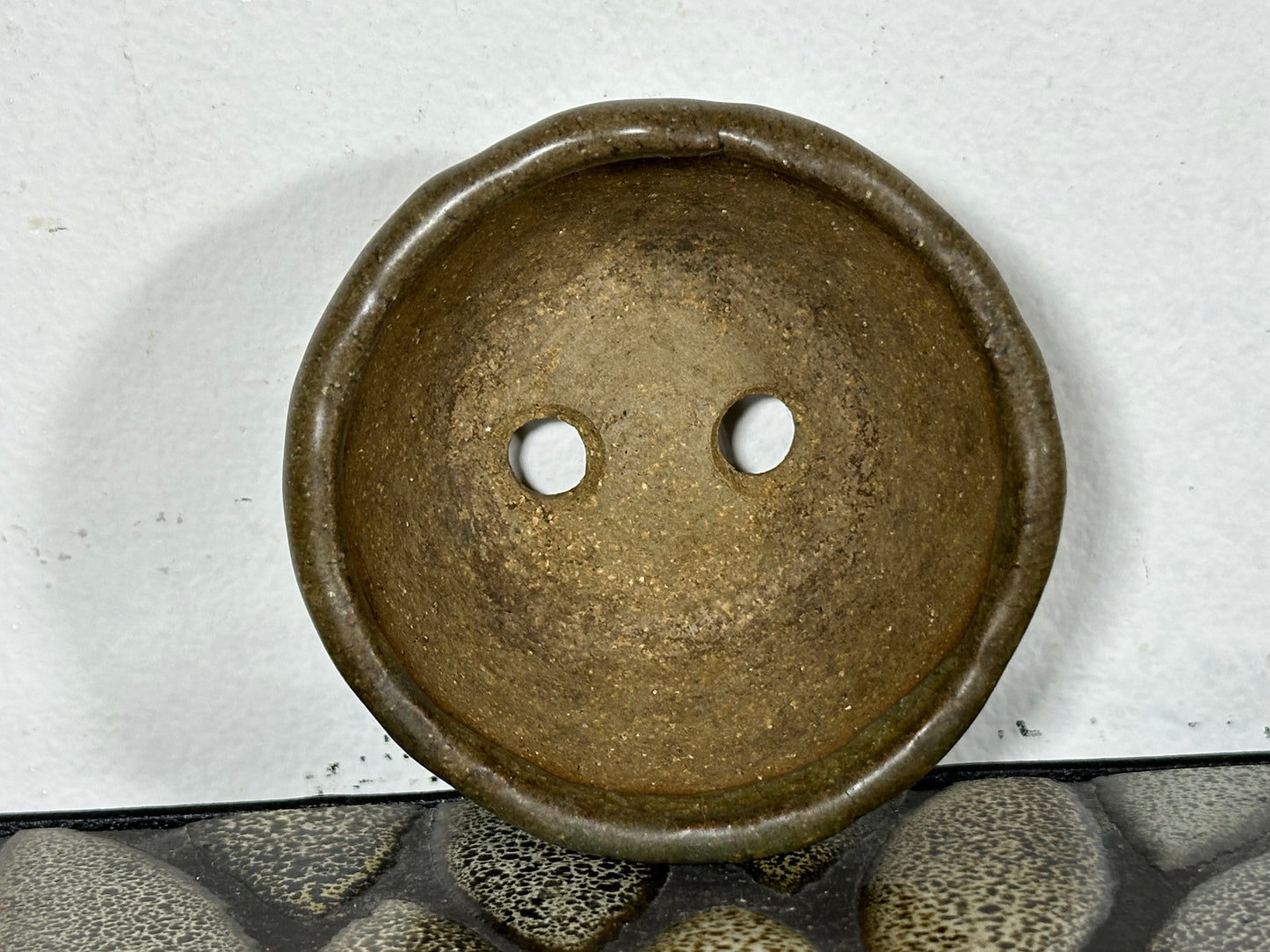 Preowned Japanese Tokoname Glazed Round Bonsai Pot with Stamps - 2.75” By 1 3/8”