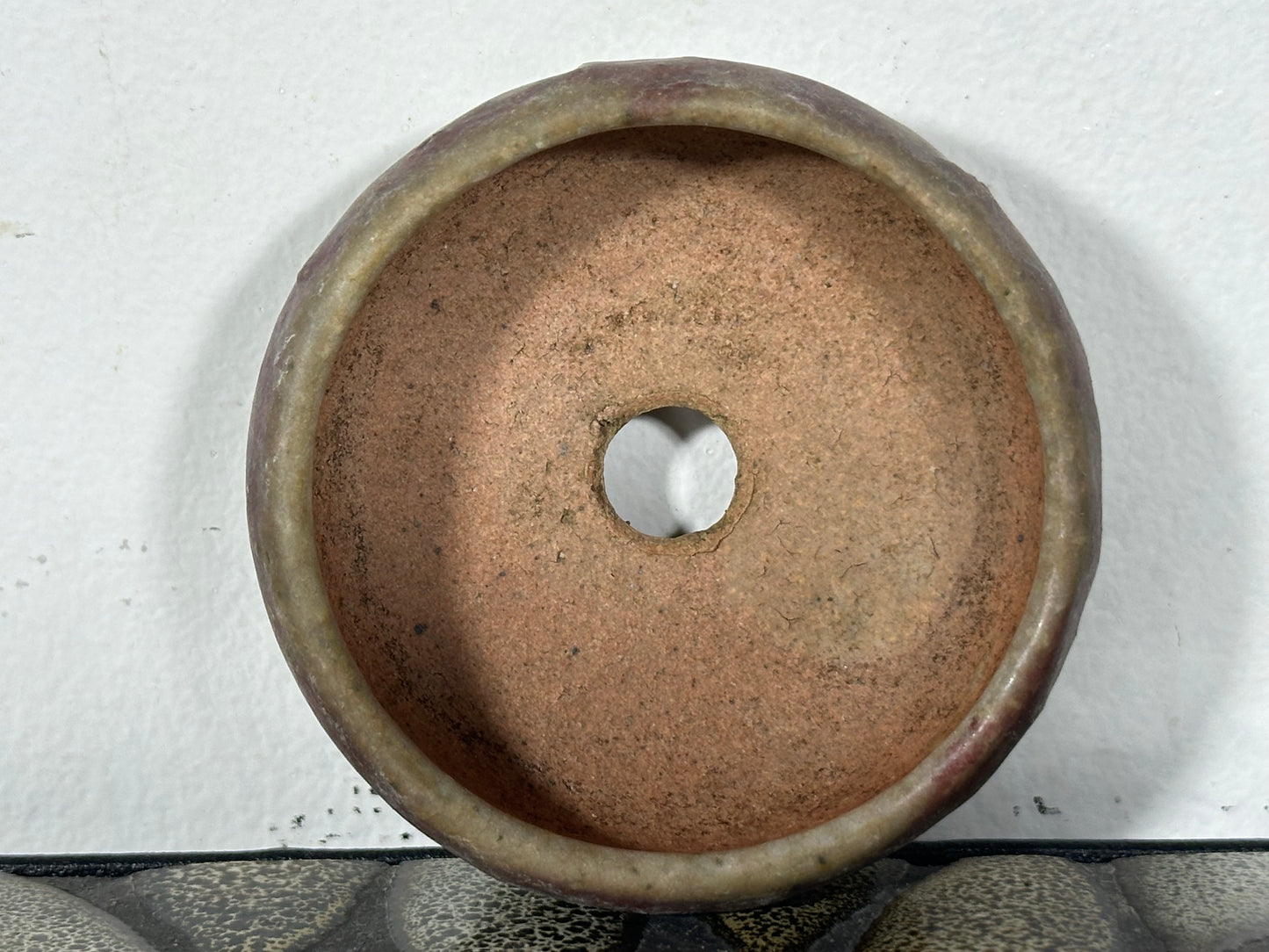 Preowned Japanese Tokoname Glazed Round Bonsai Pot with Stamps - 3” By 1 3/8”