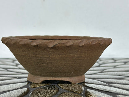 Preowned Japanese Tokoname Unglazed Round Bonsai Pot with Stamp - 4 5/8” By 1.75”