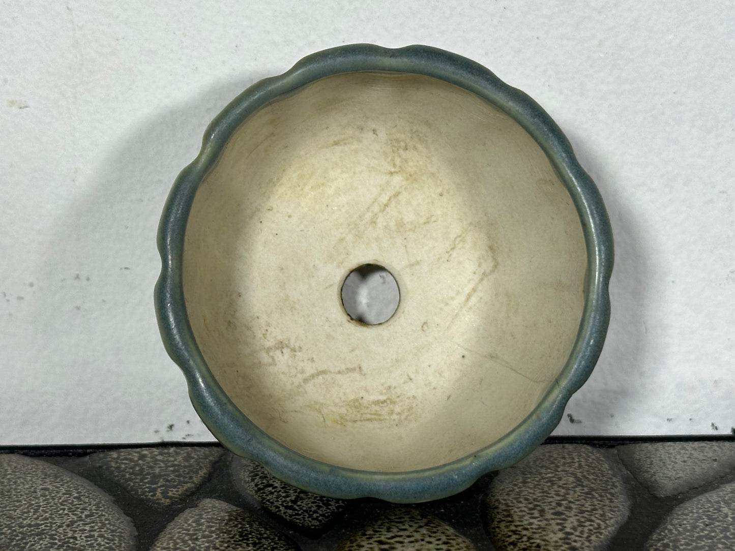 Preowned Japanese Tokoname Glazed Round Bonsai Pot with Stamp - 2 7/8” By 1 5/8”