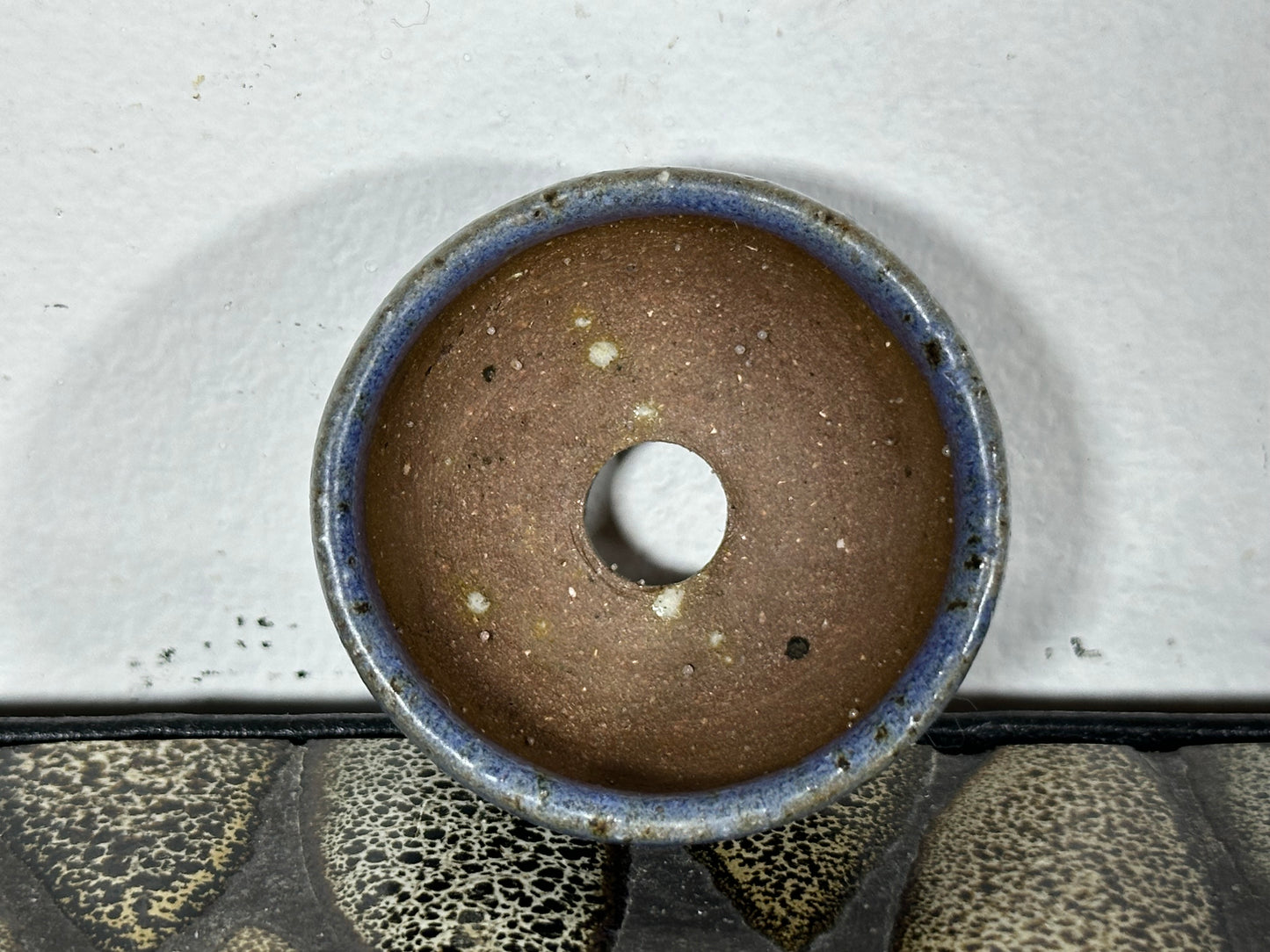 Preowned Japanese Tokoname Glazed Round Bonsai Pot with Stamps - 1 7/8” By 1”