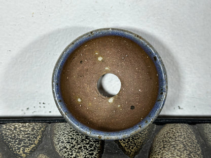 Preowned Japanese Tokoname Glazed Round Bonsai Pot with Stamps - 1 7/8” By 1”