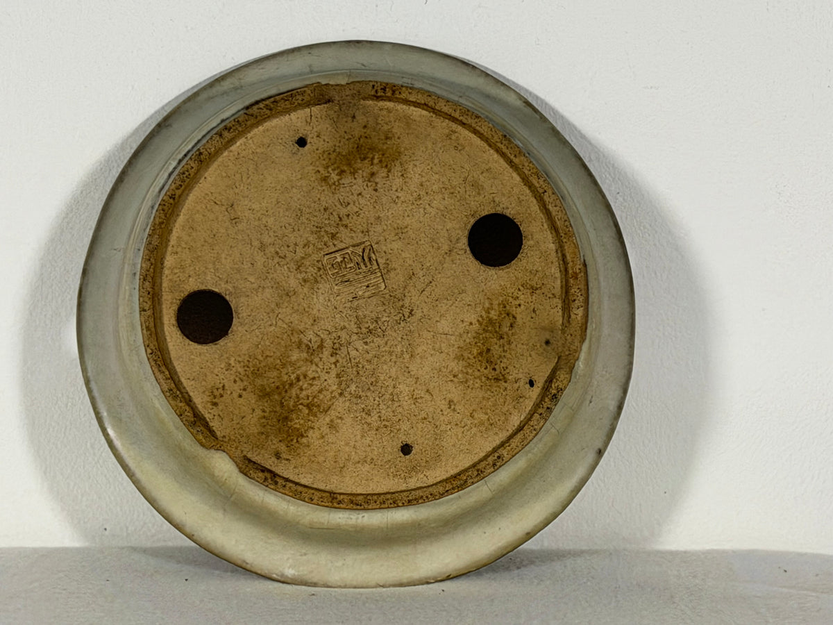 Preowned Japanese Tokoname Glazed Shallow Round Bonsai Pot Mazan - 8.25” By 1.75”