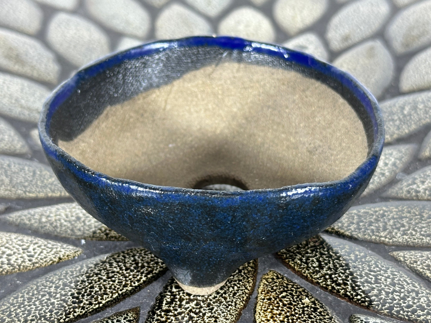 Preowned Japanese Tokoname Glazed Round Bonsai Pot with Stamps - 3.75” By 1.5”