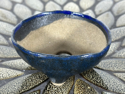 Preowned Japanese Tokoname Glazed Round Bonsai Pot with Stamps - 3.75” By 1.5”